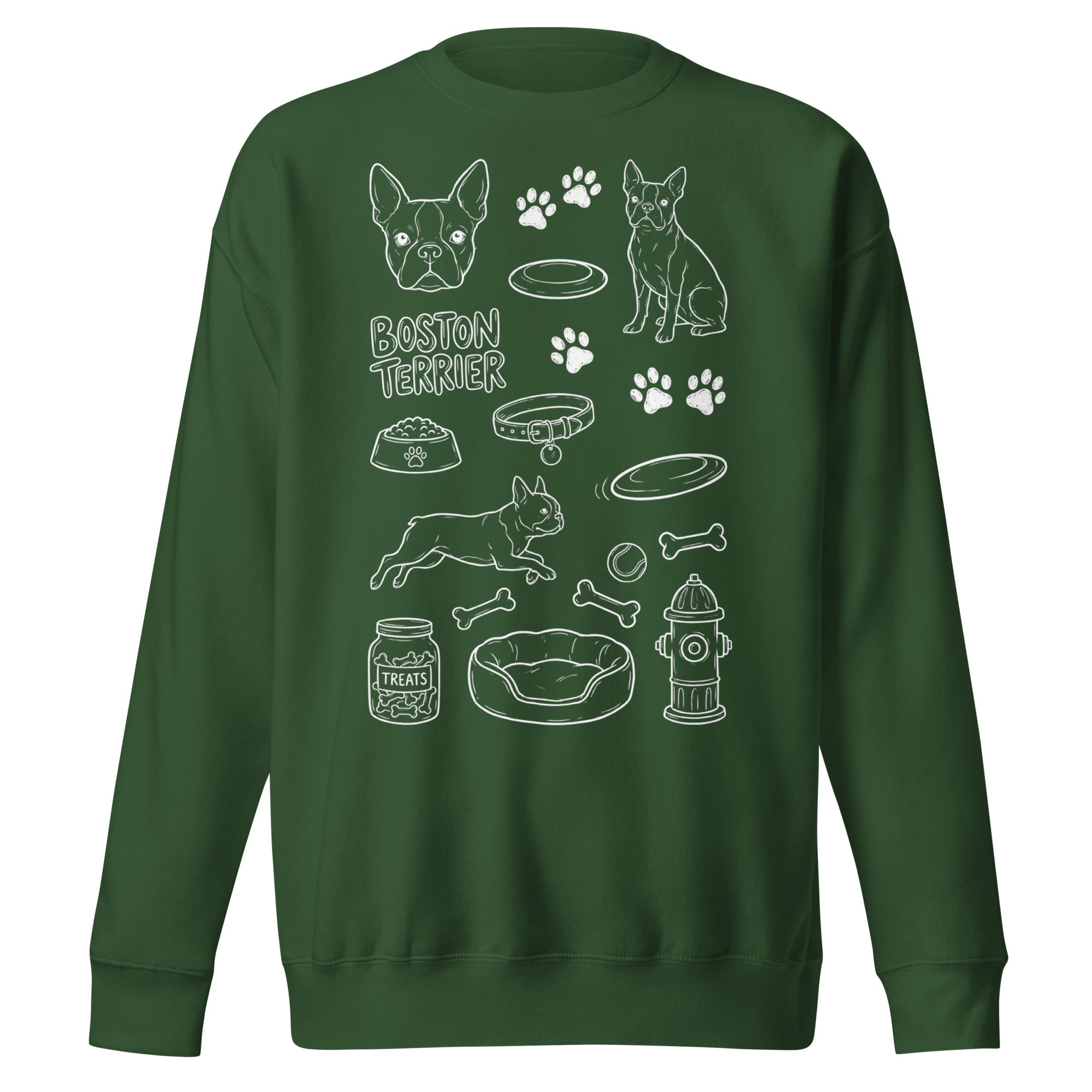 Boston Terrier Doodle Dog Lover Unisex Premium Sweatshirt . Forest Green