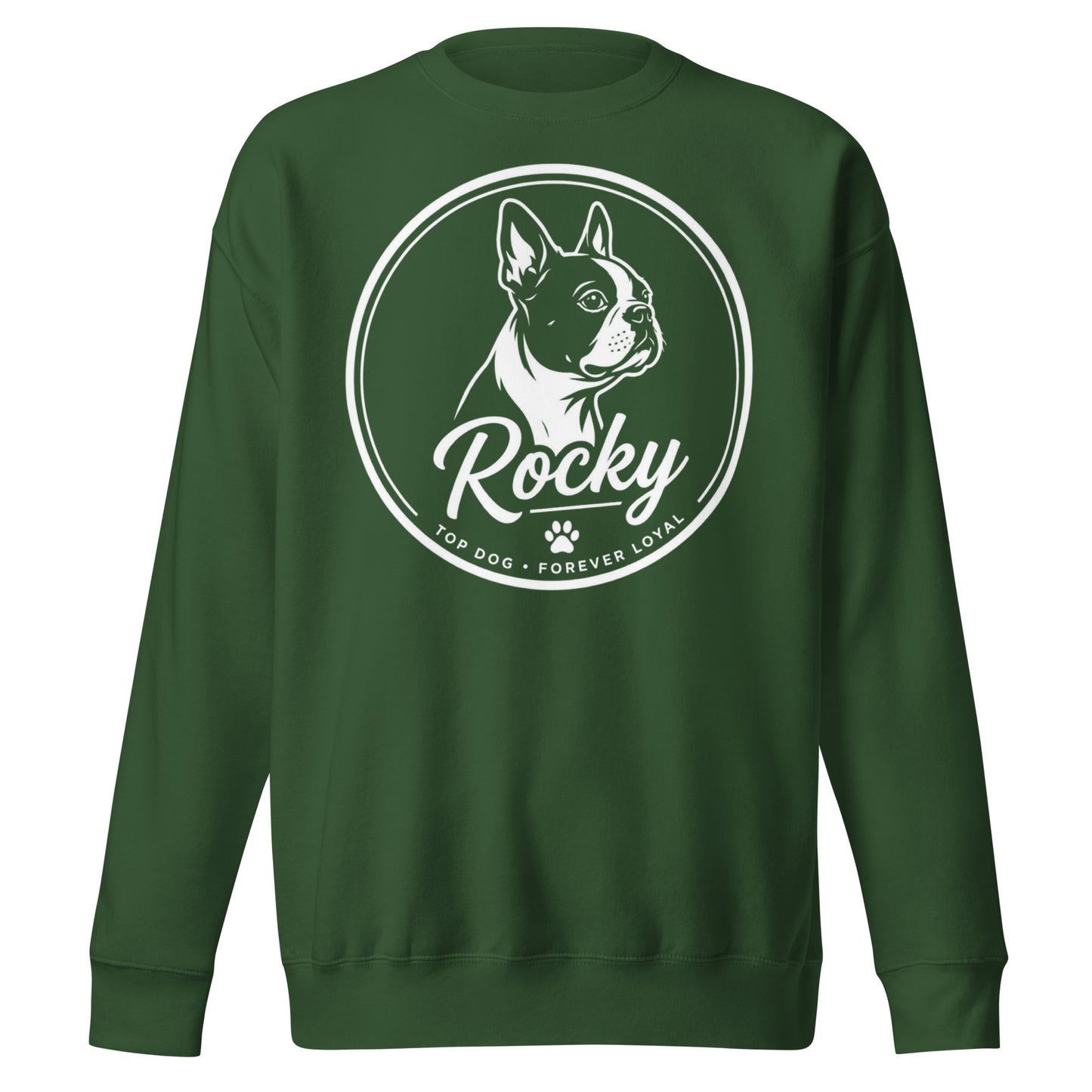 Personalized Dog Silhouette Unsex Premium Sweatshirt with Custom Name & Tagline . Forest Green