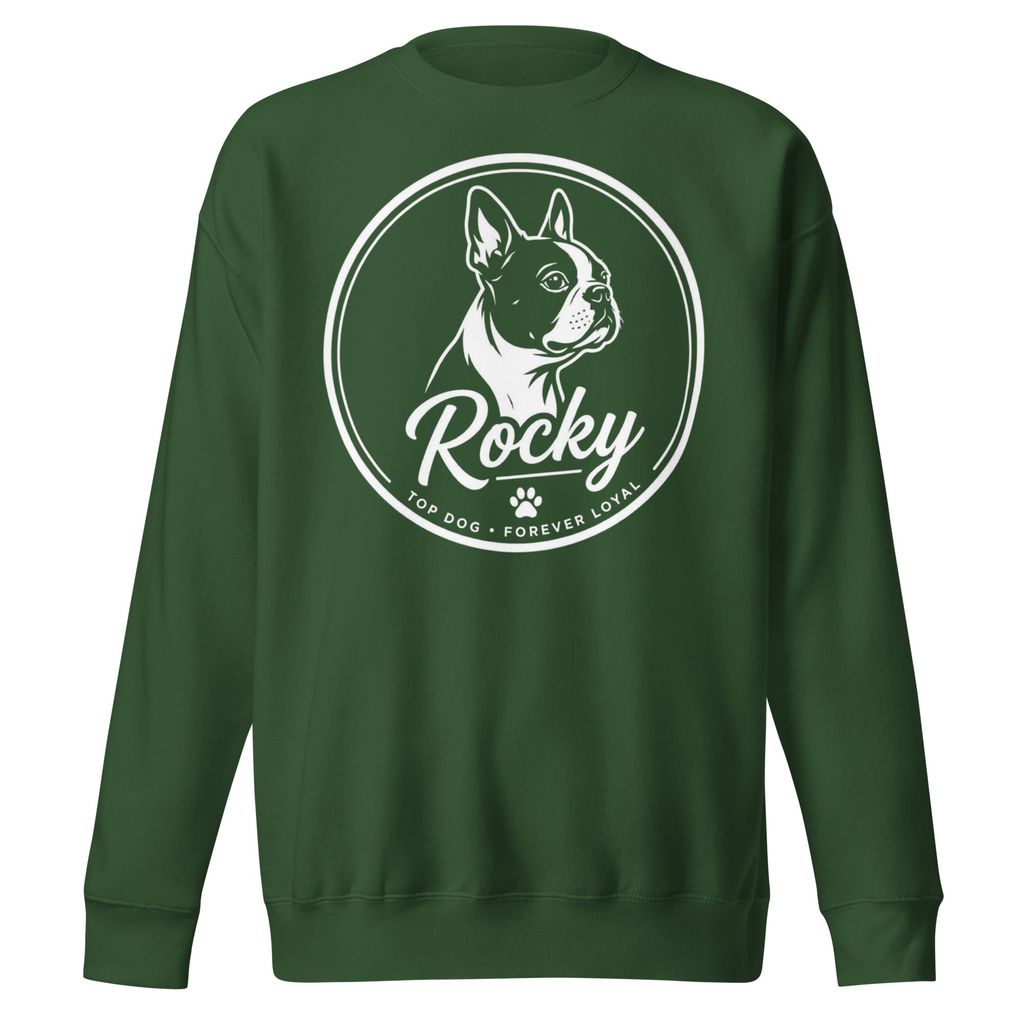 Personalized Dog Silhouette Unsex Premium Sweatshirt with Custom Name & Tagline . Forest Green