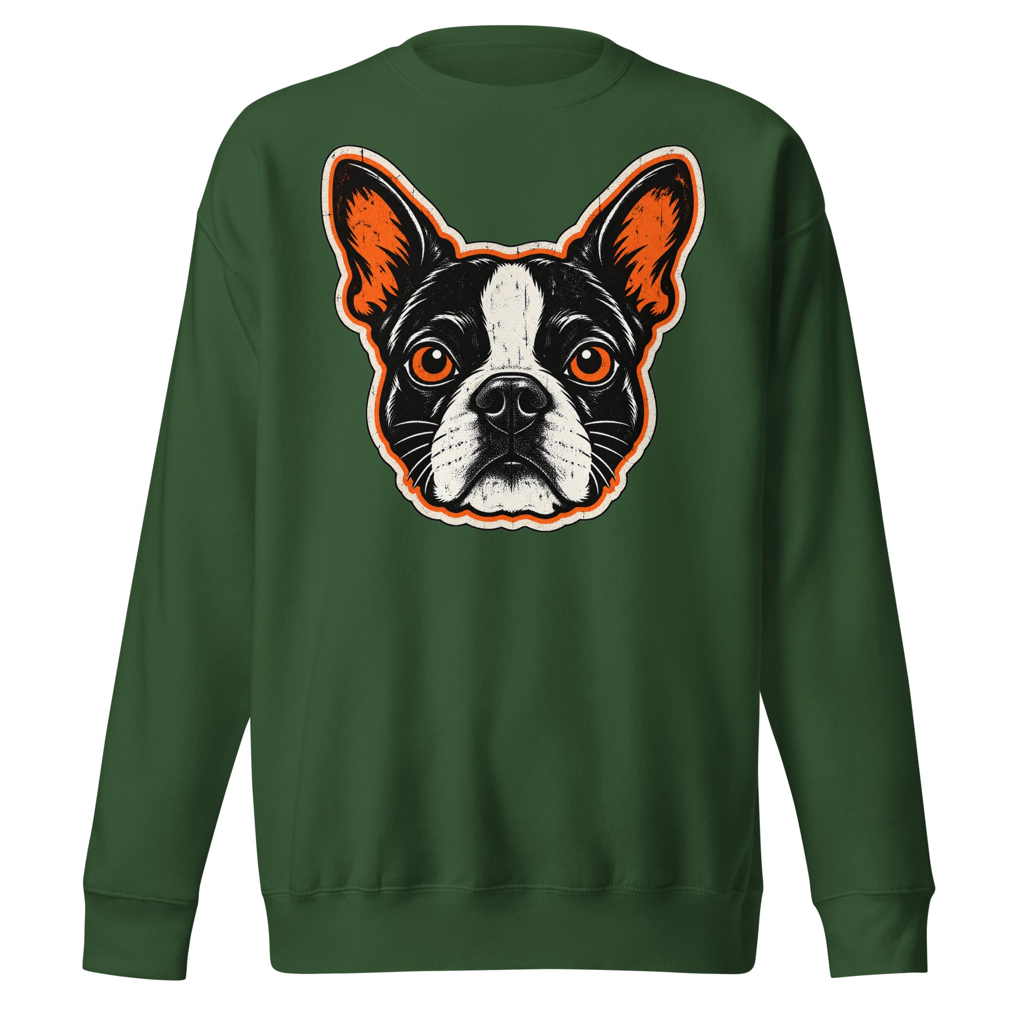 Halloween Boston Terrier Face Unisex Premium Sweatshirt . Forest Green