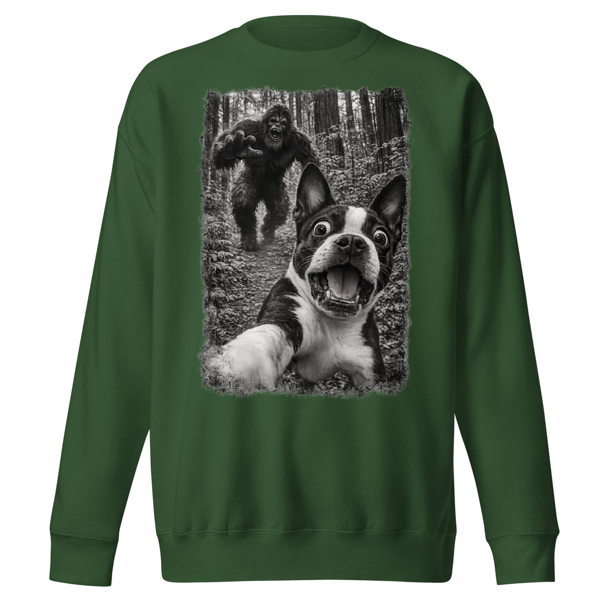 Boston Terrier Bigfoot Chase – Funny Sasquatch Dog Graphic Unisex Premium Sweatshirt . Forest Green
