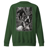 Boston Terrier Bigfoot Chase – Funny Sasquatch Dog Graphic Unisex Premium Sweatshirt . Forest Green