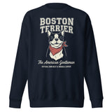Boston Terrier “The American Gentleman” Chin Rest & Snuggle Expert Unisex Premium Sweatshirt . Navy Blazer