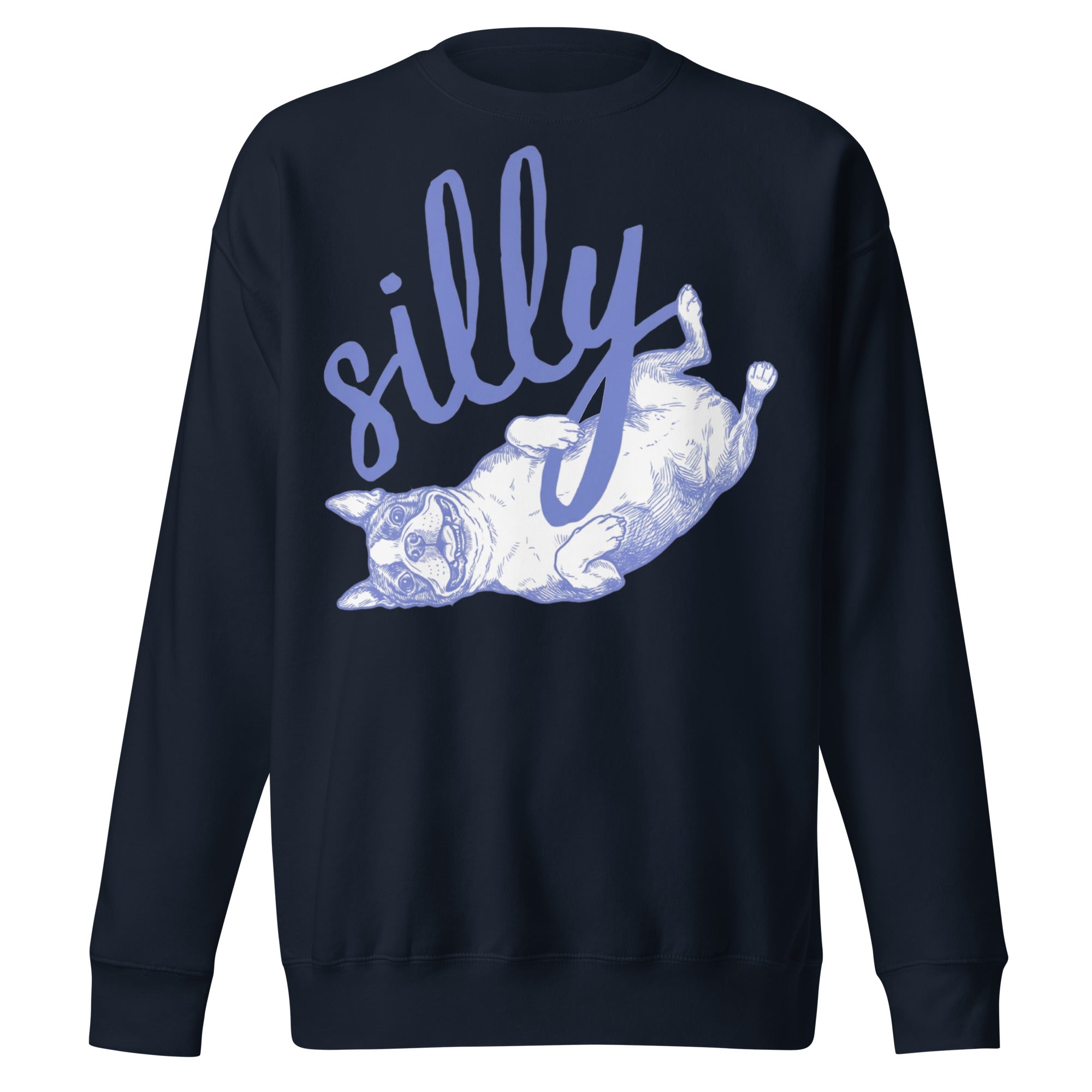Silly Boston Terrier Dog Upside Down Unisex Premium Sweatshirt . Navy Blazer