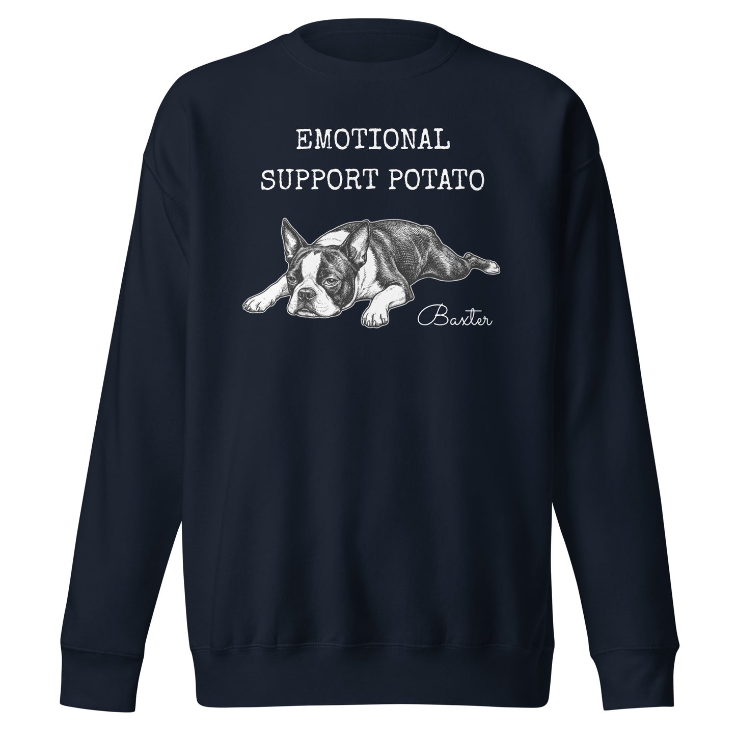 Emotional Support Potato Boston Terrier Dog Unisex Premium Sweatshirt . Navy Blazer