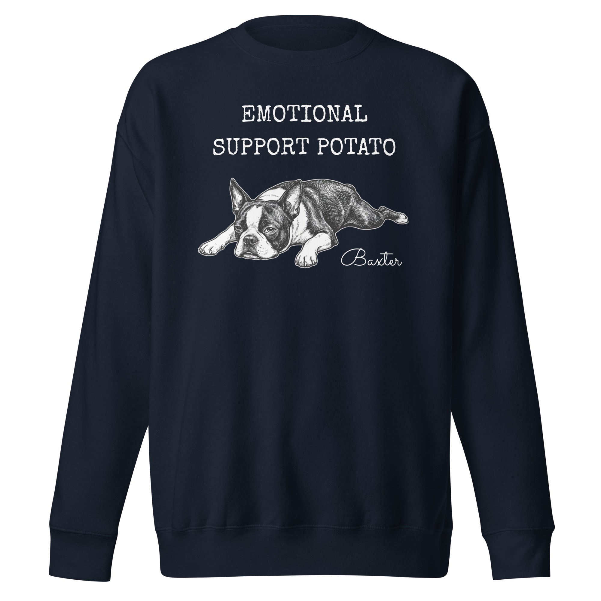 Emotional Support Potato Boston Terrier Dog Unisex Premium Sweatshirt . Navy Blazer