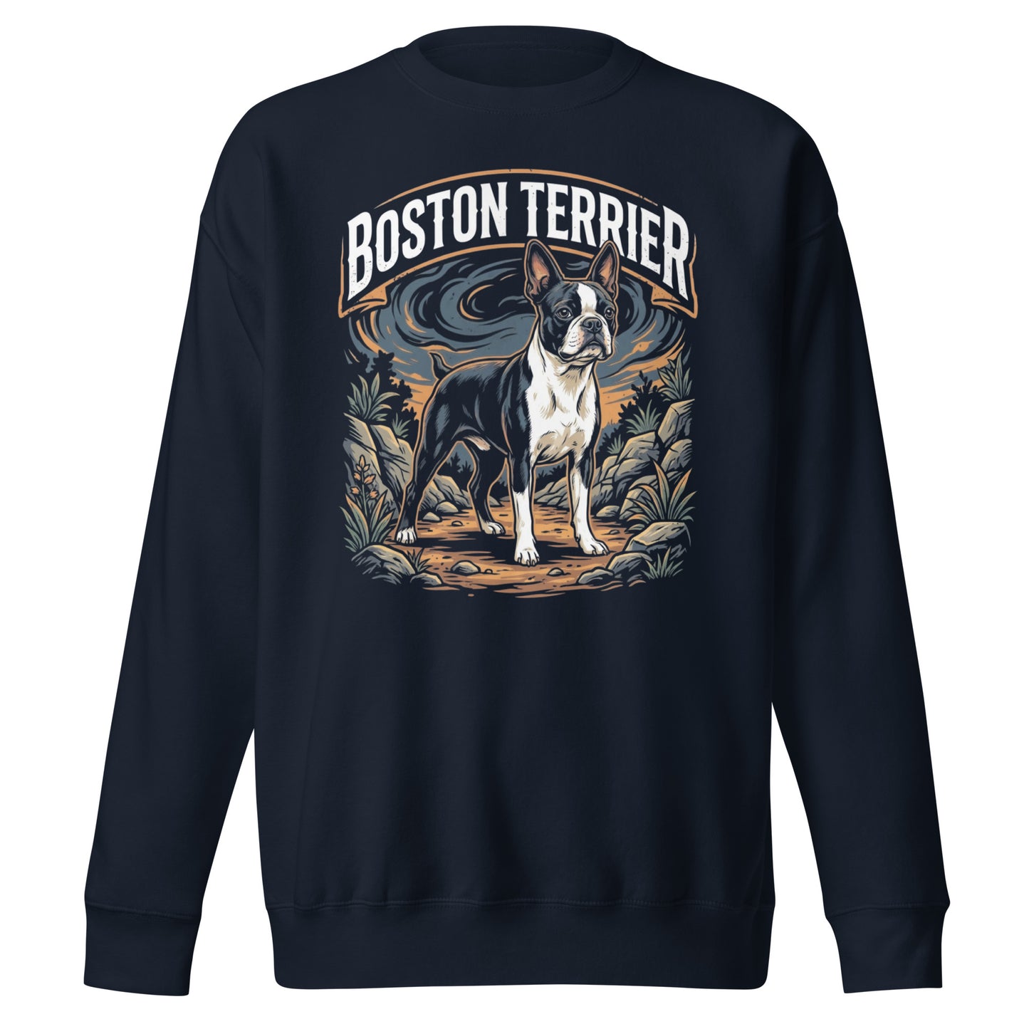 Boston Terrier Wilderness Guardian Unisex Premium Sweatshirt . Navy Blazer