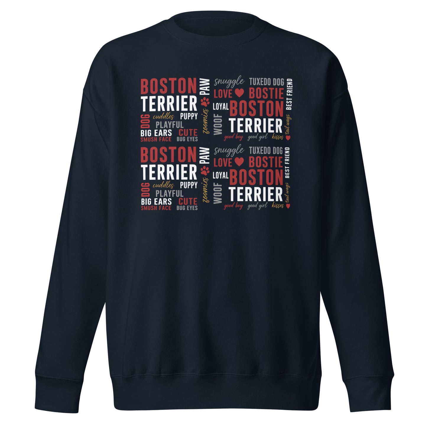 Boston Terrier Word Collage Unisex Premium Sweatshirt – Dog Lover Typography Art . Navy Blazer