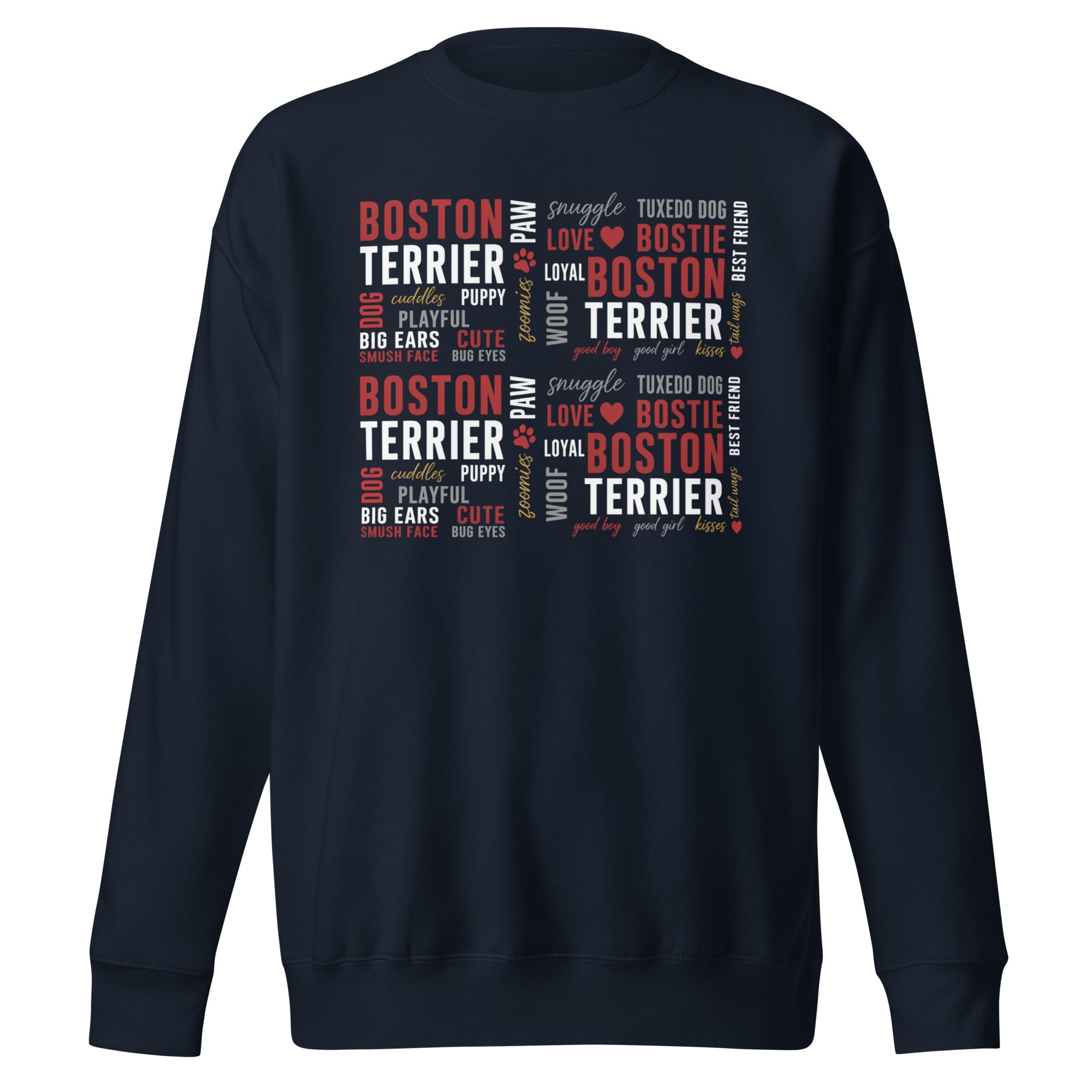 Boston Terrier Word Collage Unisex Premium Sweatshirt – Dog Lover Typography Art . Navy Blazer