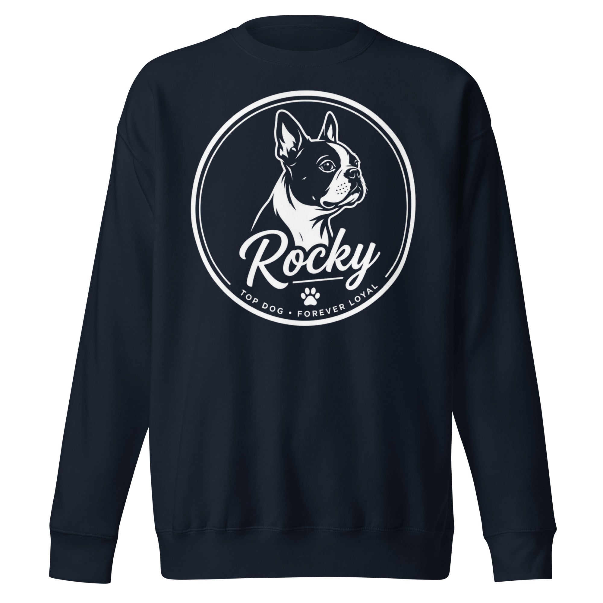 Personalized Dog Silhouette Unsex Premium Sweatshirt with Custom Name & Tagline . Navy Blazer