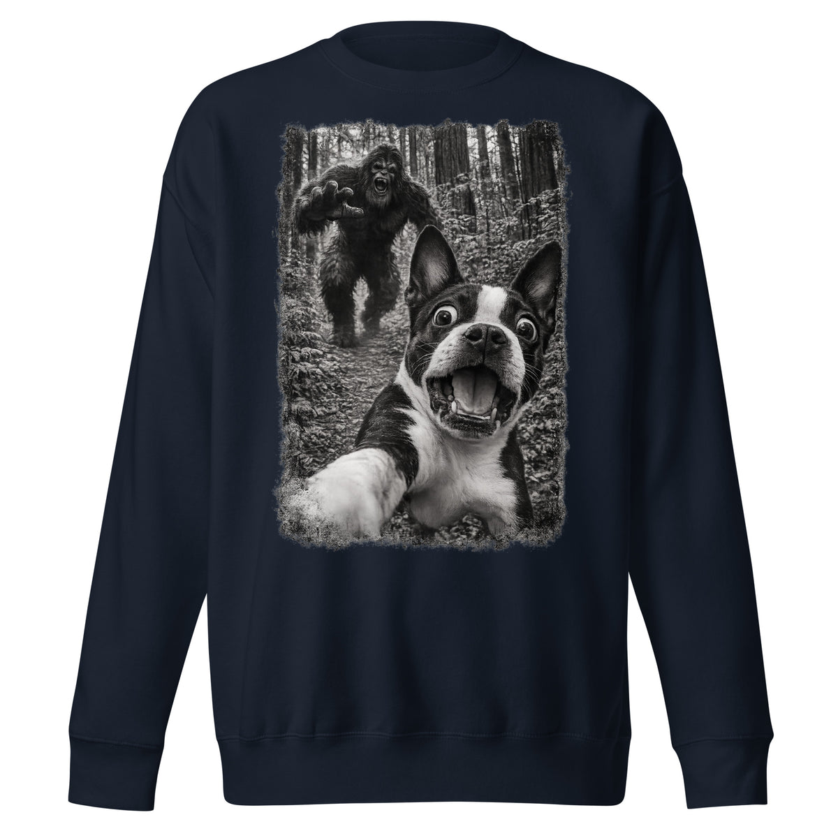 Boston Terrier Bigfoot Chase – Funny Sasquatch Dog Graphic Unisex Premium Sweatshirt . Navy Blazer