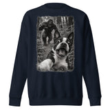 Boston Terrier Bigfoot Chase – Funny Sasquatch Dog Graphic Unisex Premium Sweatshirt . Navy Blazer