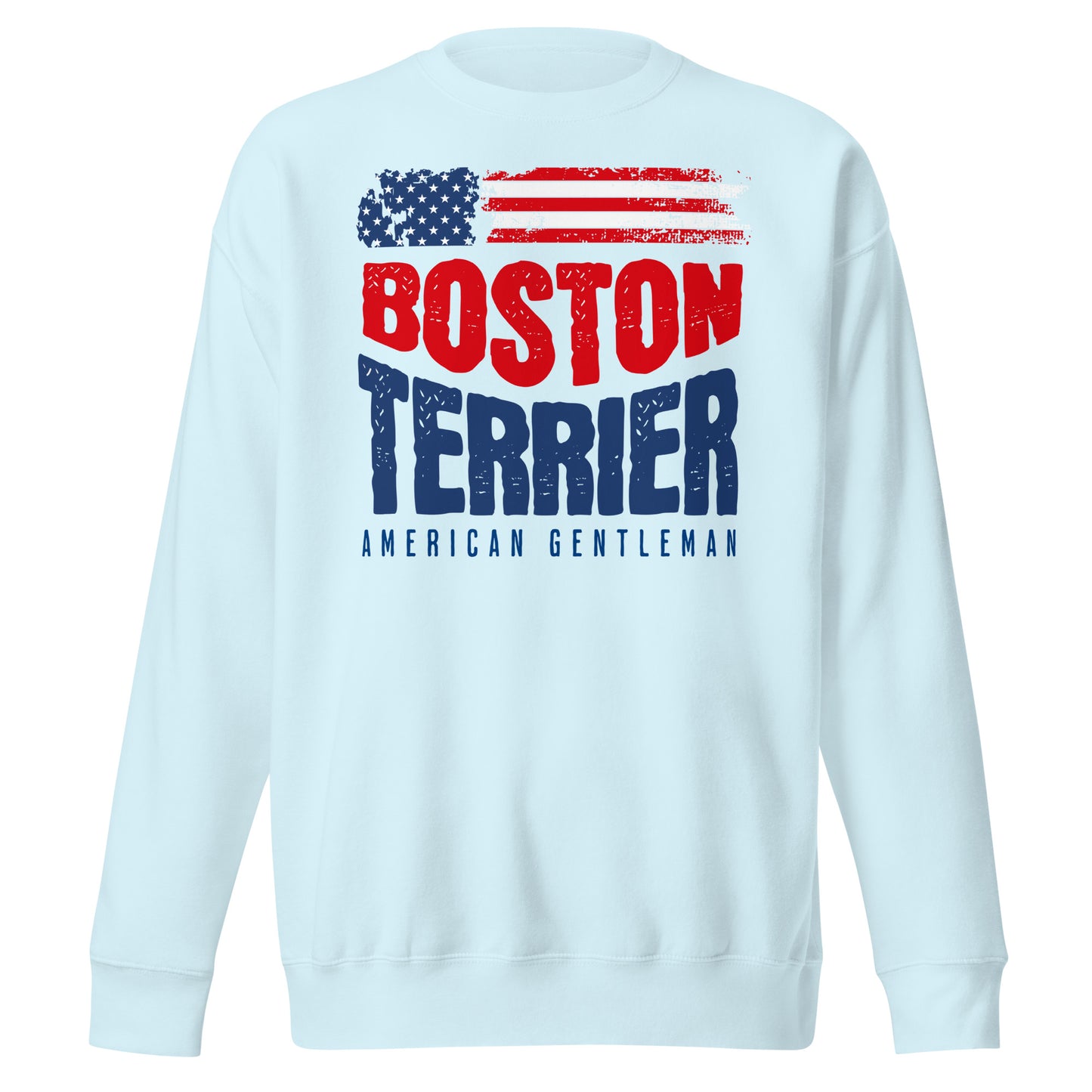 Boston Terrier American Flag Unisex Premium Sweatshirt – 4th of July Patriotic Dog Tee | USA 250th Birthday Shirt . Sky Blue