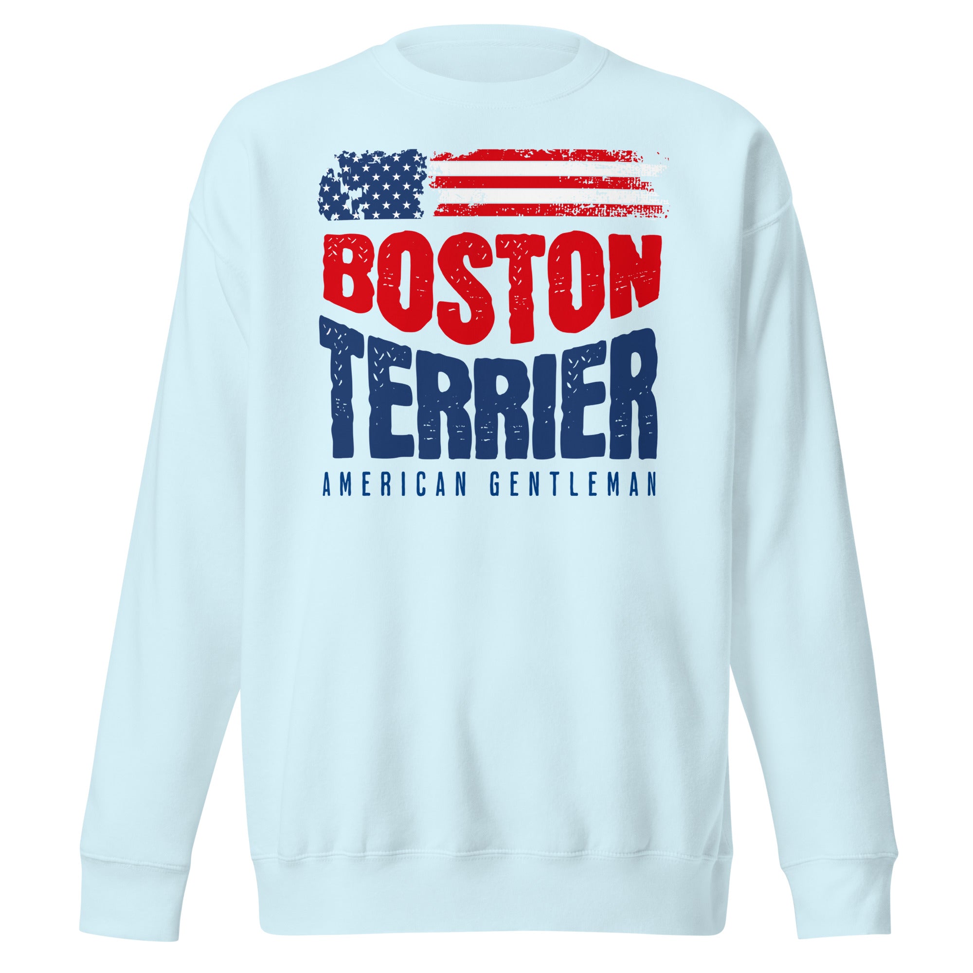 Boston Terrier American Flag Unisex Premium Sweatshirt – 4th of July Patriotic Dog Tee | USA 250th Birthday Shirt . Sky Blue