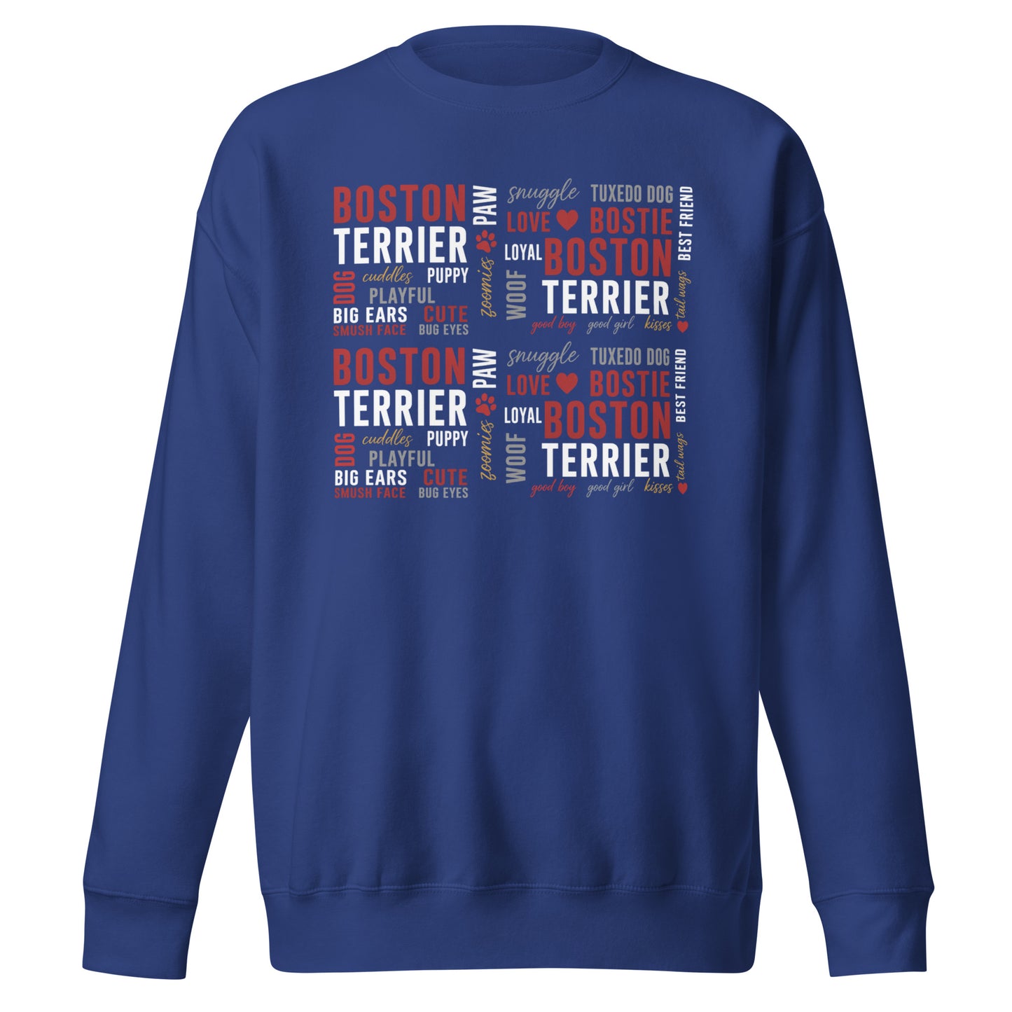 Boston Terrier Word Collage Unisex Premium Sweatshirt – Dog Lover Typography Art . Team Royal