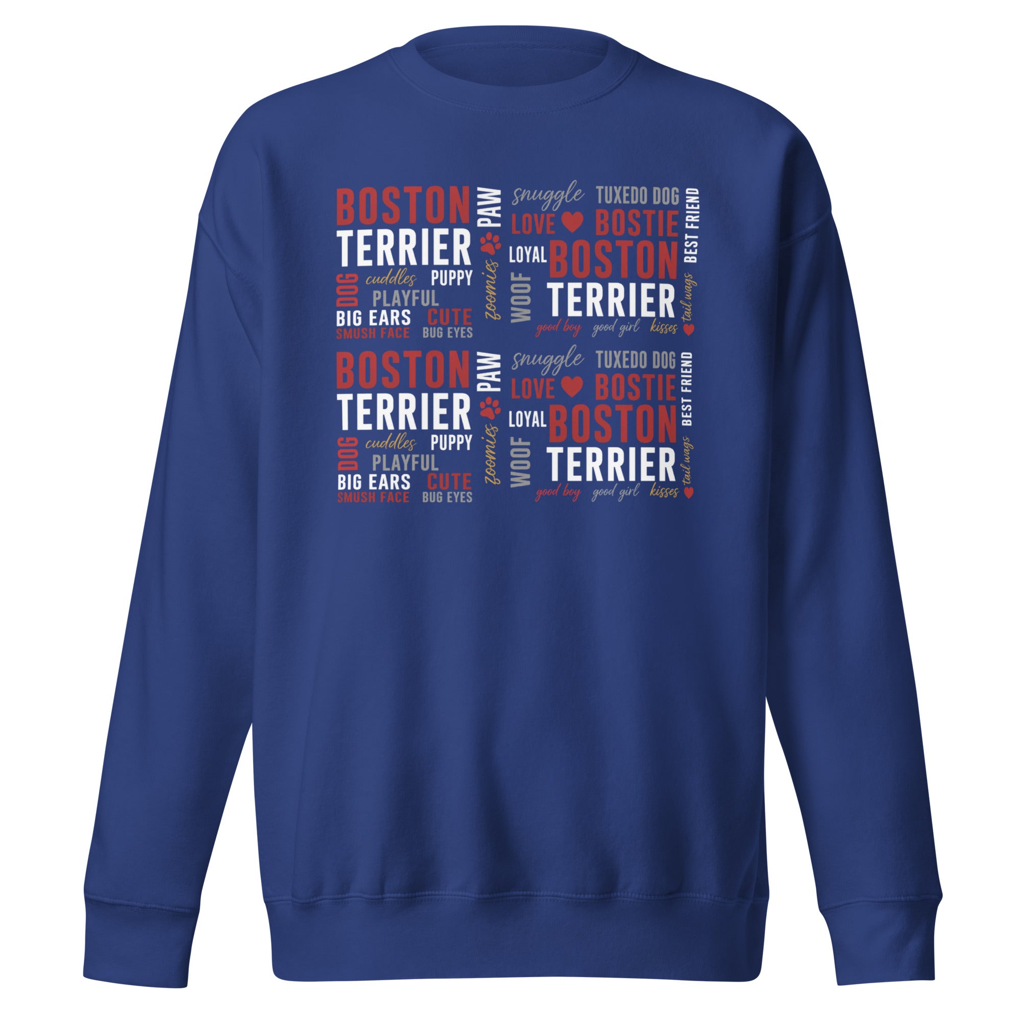 Boston Terrier Word Collage Unisex Premium Sweatshirt – Dog Lover Typography Art . Team Royal