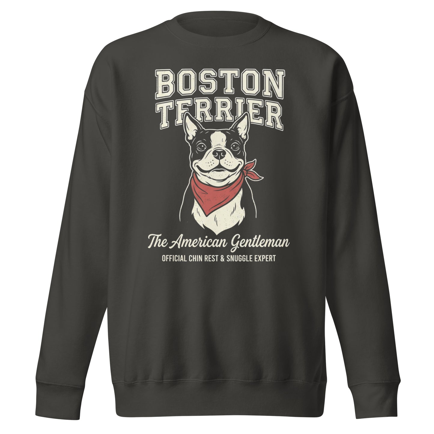 Boston Terrier “The American Gentleman” Chin Rest & Snuggle Expert Unisex Premium Sweatshirt . Vintage Black