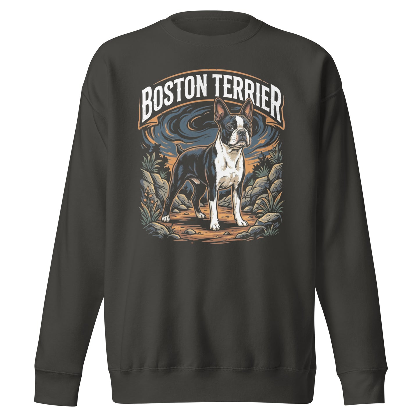 Boston Terrier Wilderness Guardian Unisex Premium Sweatshirt . Vintage Black