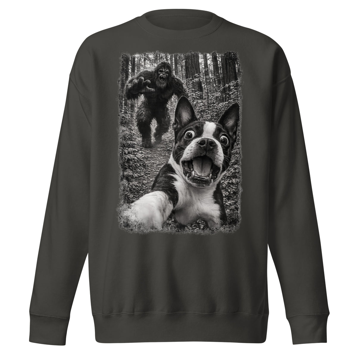 Boston Terrier Bigfoot Chase – Funny Sasquatch Dog Graphic Unisex Premium Sweatshirt . Vintage Black