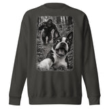 Boston Terrier Bigfoot Chase – Funny Sasquatch Dog Graphic Unisex Premium Sweatshirt . Vintage Black