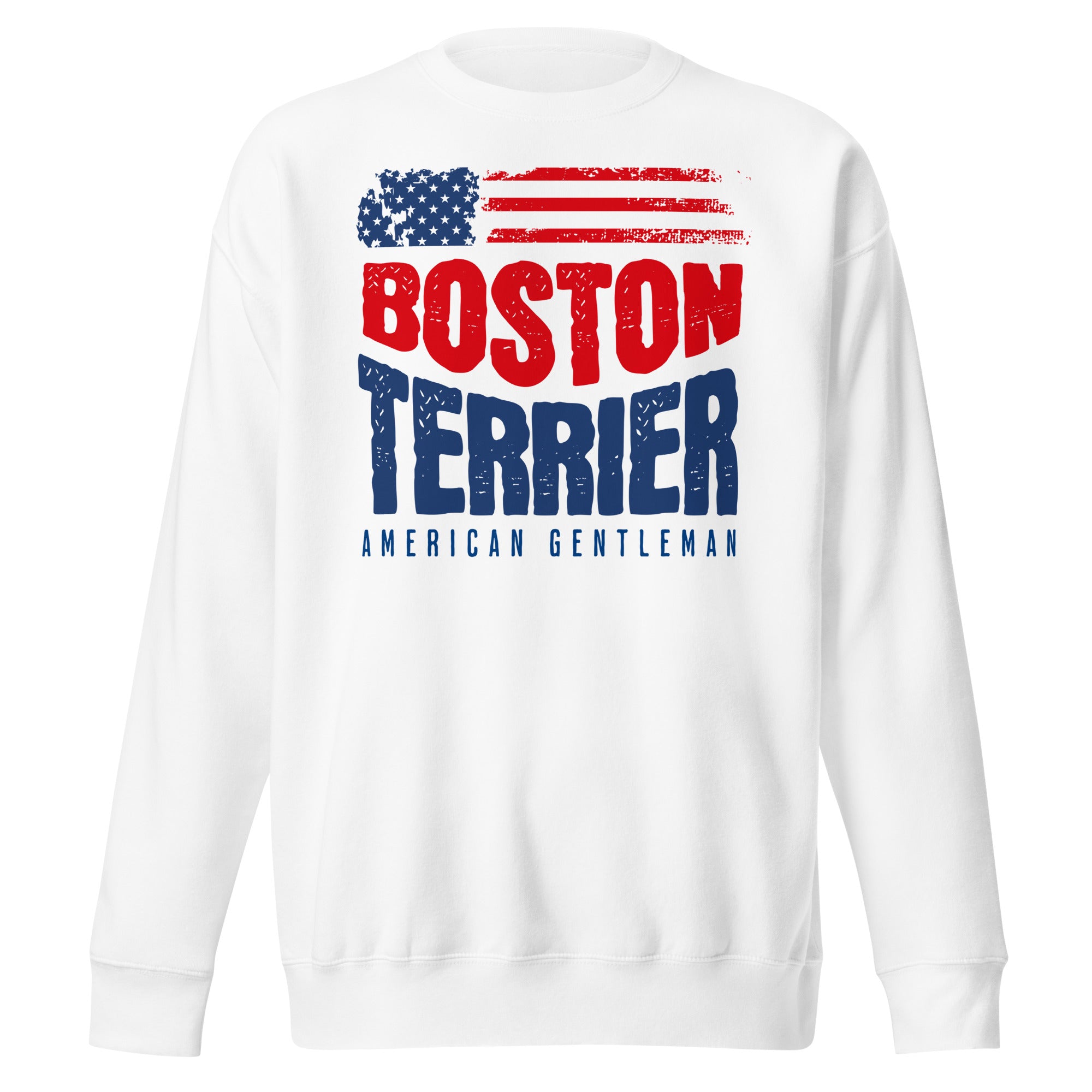 Boston Terrier American Flag Unisex Premium Sweatshirt – 4th of July Patriotic Dog Tee | USA 250th Birthday Shirt . White
