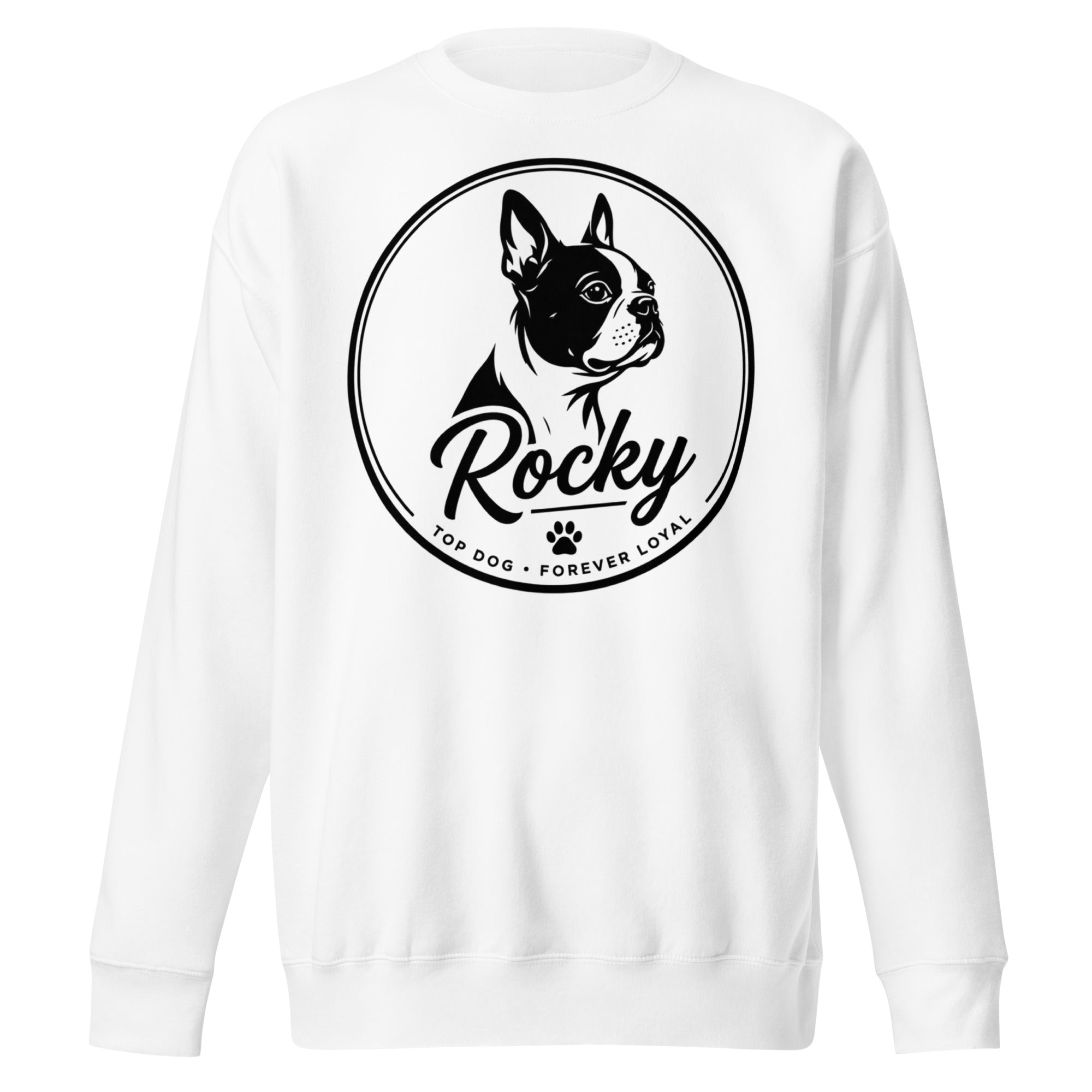 Personalized Dog Silhouette Unsex Premium Sweatshirt with Custom Name & Tagline . White
