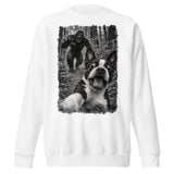 Boston Terrier Bigfoot Chase – Funny Sasquatch Dog Graphic Unisex Premium Sweatshirt . White