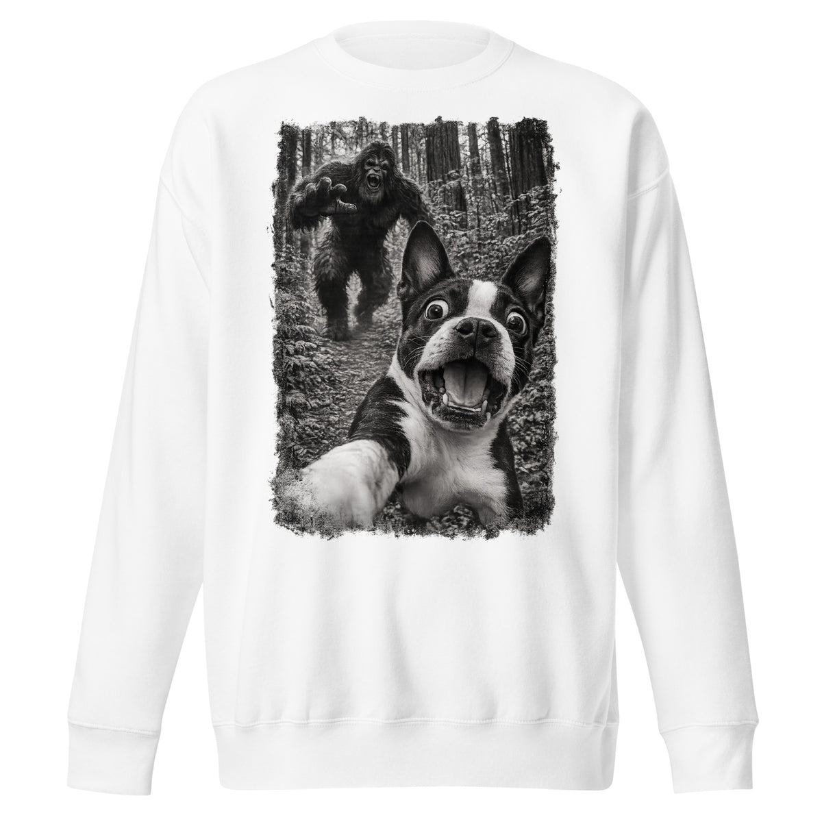 Boston Terrier Bigfoot Chase – Funny Sasquatch Dog Graphic Unisex Premium Sweatshirt . White