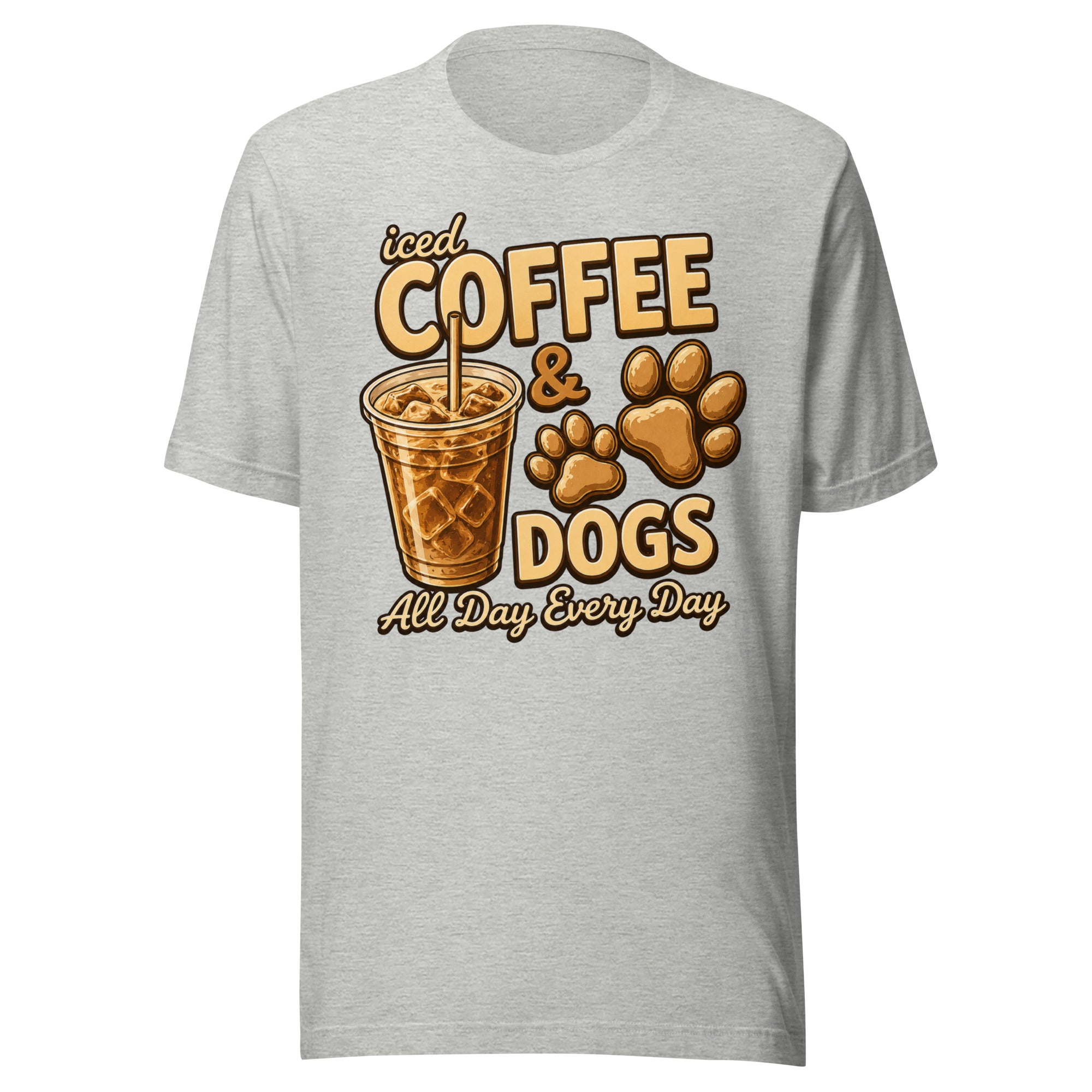Iced Coffee & Dogs All Day Every Day Unisex T-Shirt - Funny Dog Lover Tee . Athletic Heather