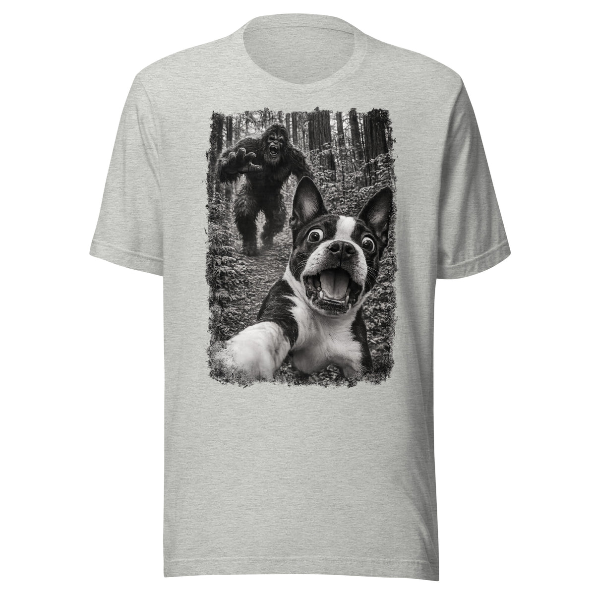 Boston Terrier Bigfoot Chase – Funny Sasquatch Dog Graphic Unisex T-Shirt . Athletic Heather