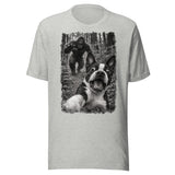 Boston Terrier Bigfoot Chase – Funny Sasquatch Dog Graphic Unisex T-Shirt . Athletic Heather