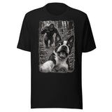 Boston Terrier Bigfoot Chase – Funny Sasquatch Dog Graphic Unisex T-Shirt . Black