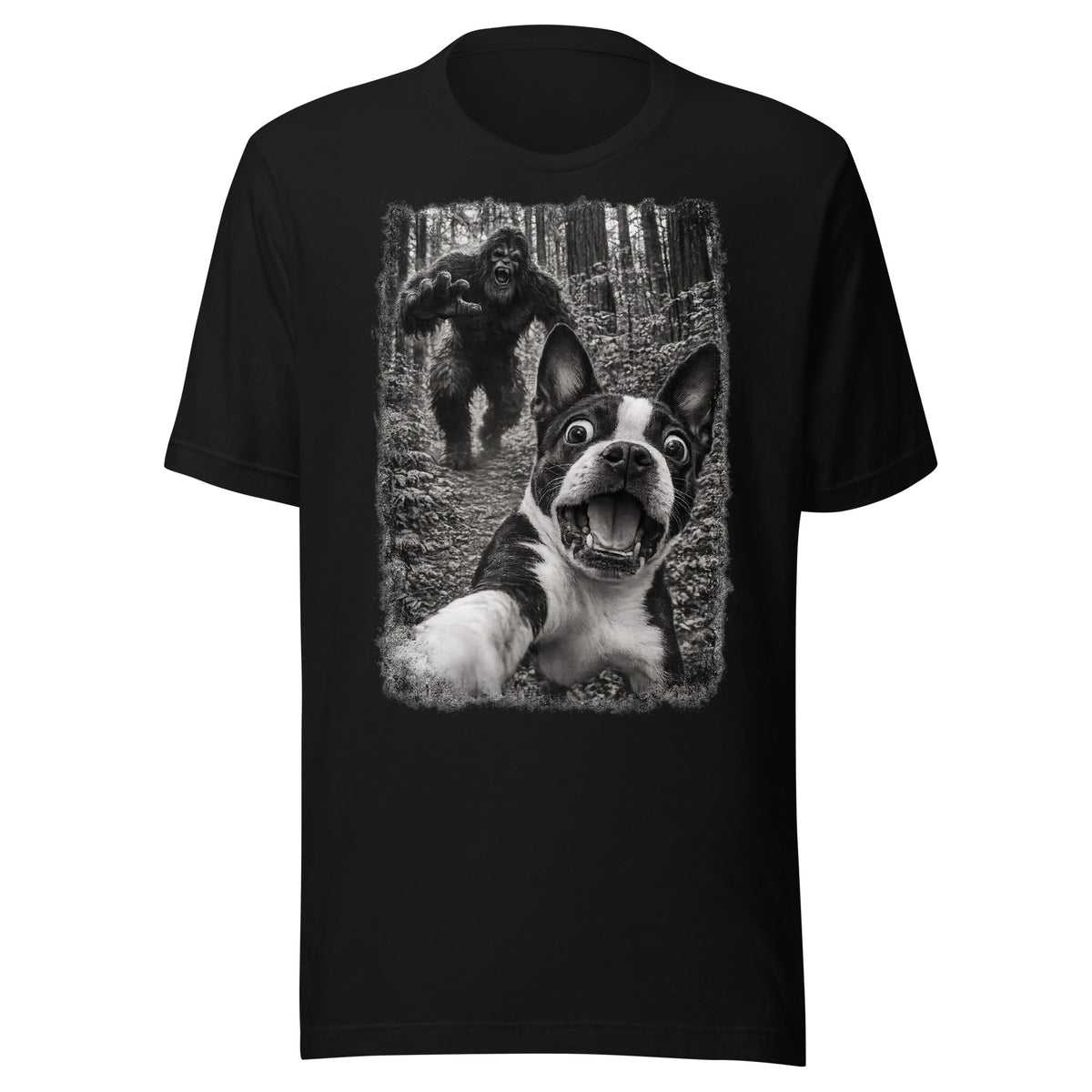 Boston Terrier Bigfoot Chase – Funny Sasquatch Dog Graphic Unisex T-Shirt . Black