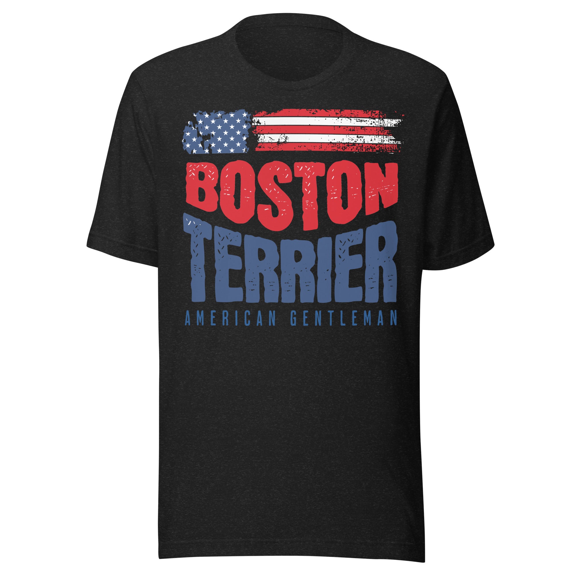 Boston Terrier American Flag Unisex T-Shirt – 4th of July Patriotic Dog Tee | USA 250th Birthday Shirt . Black Heather