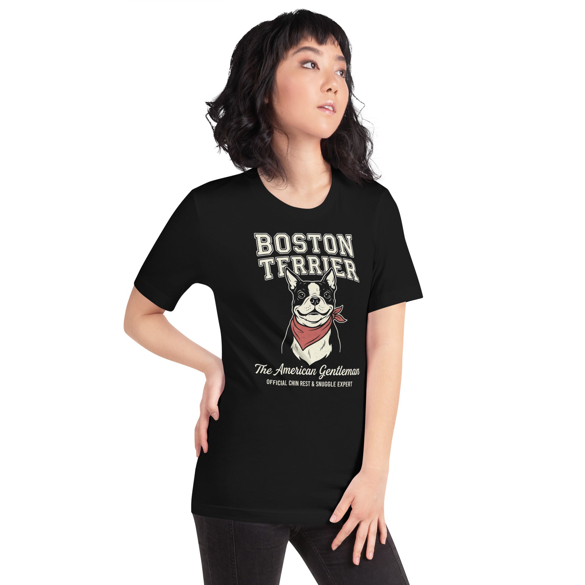 Boston Terrier “The American Gentleman” Chin Rest & Snuggle Expert Unisex T-Shirt .