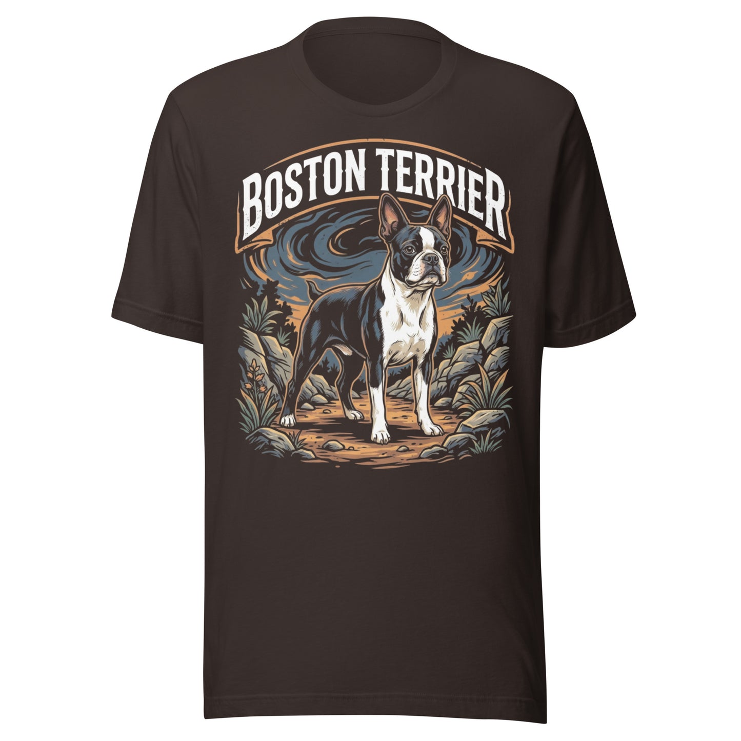 Boston Terrier Wilderness Guardian Unisex T-Shirt . Brown