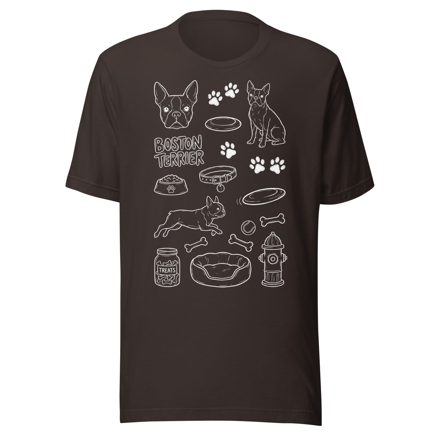 Boston Terrier Doodle Dog Lover Unisex T-Shirt . Brown