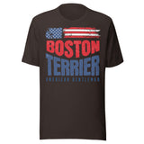 Boston Terrier American Flag Unisex T-Shirt – 4th of July Patriotic Dog Tee | USA 250th Birthday Shirt . Brown