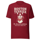 Boston Terrier “The American Gentleman” Chin Rest & Snuggle Expert Unisex T-Shirt . Cardinal