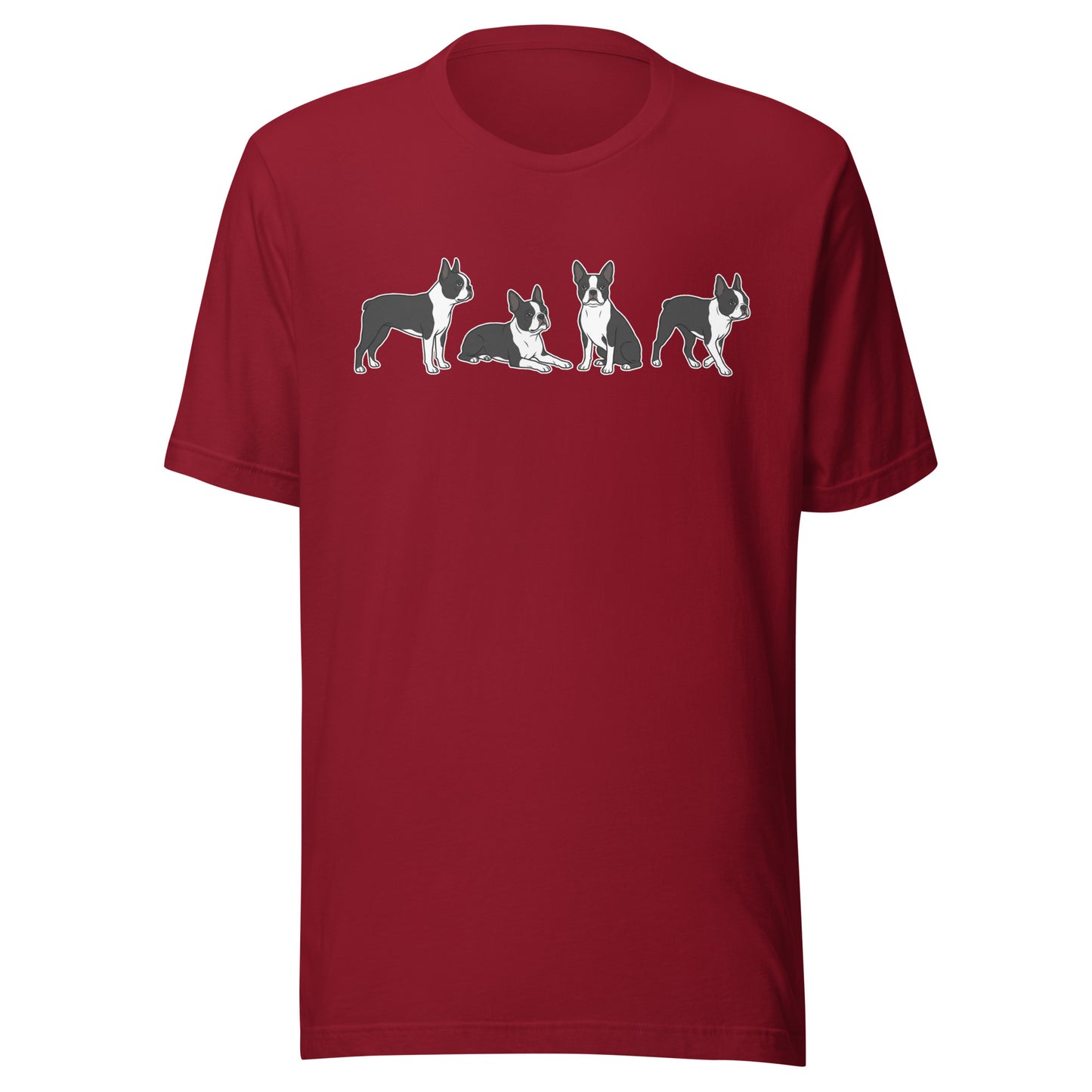 4 Boston Terrier Poses Unisex T-Shirt . Cardinal
