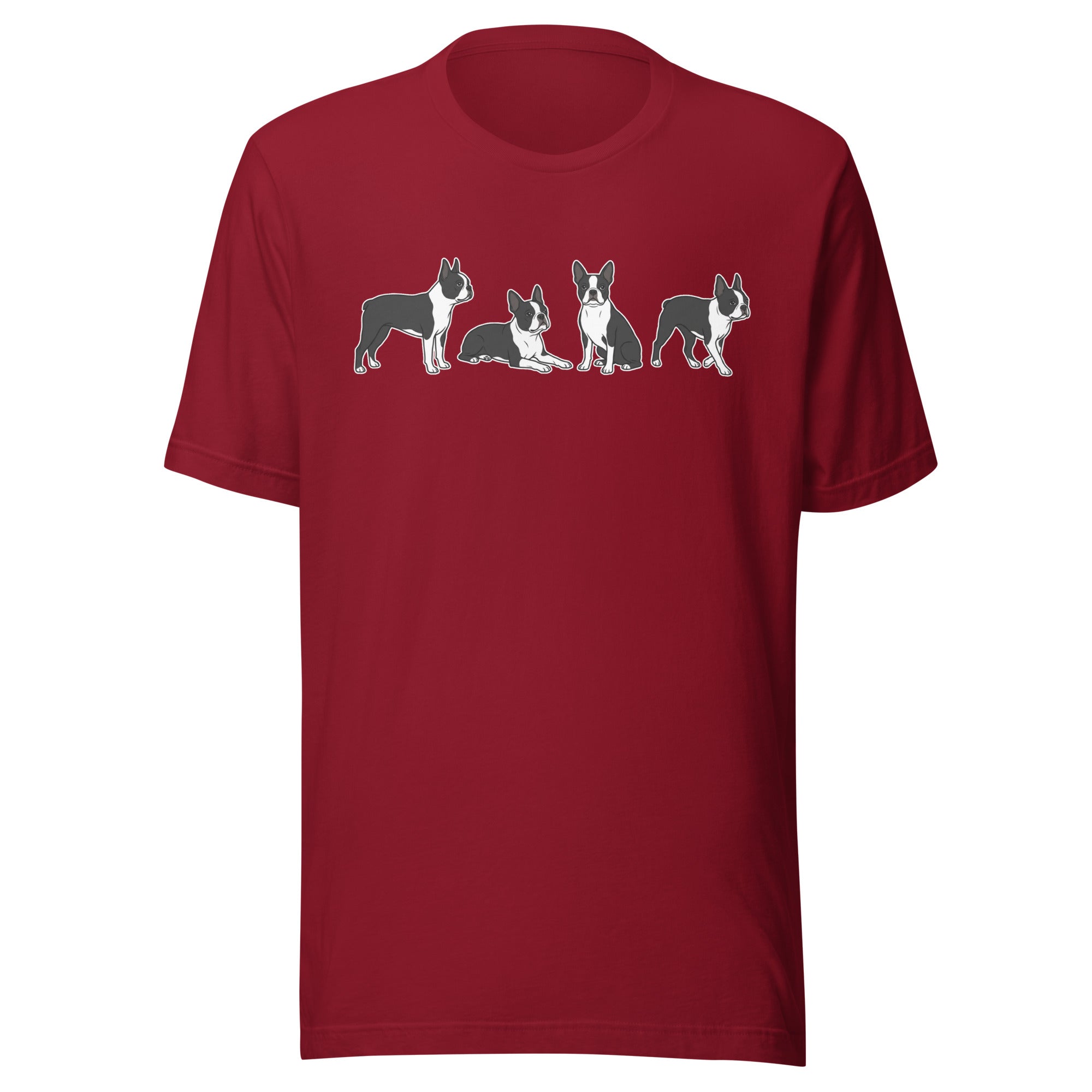 4 Boston Terrier Poses Unisex T-Shirt . Cardinal
