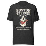 Boston Terrier “The American Gentleman” Chin Rest & Snuggle Expert Unisex T-Shirt . Dark Grey Heather