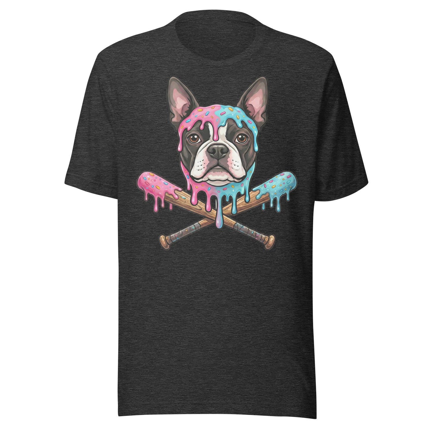 Baseball Drip Boston Terrier Dog Unisex T-Shirt . Dark Grey Heather