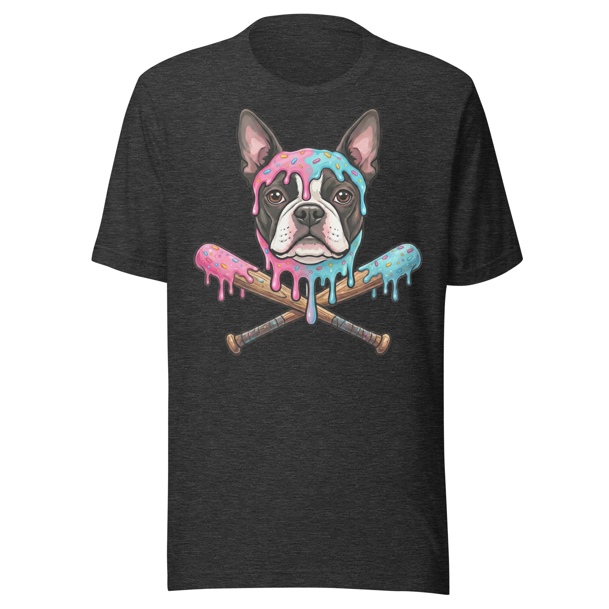 Baseball Drip Boston Terrier Dog Unisex T-Shirt . Dark Grey Heather