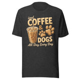 Iced Coffee & Dogs All Day Every Day Unisex T-Shirt - Funny Dog Lover Tee . Dark Grey Heather