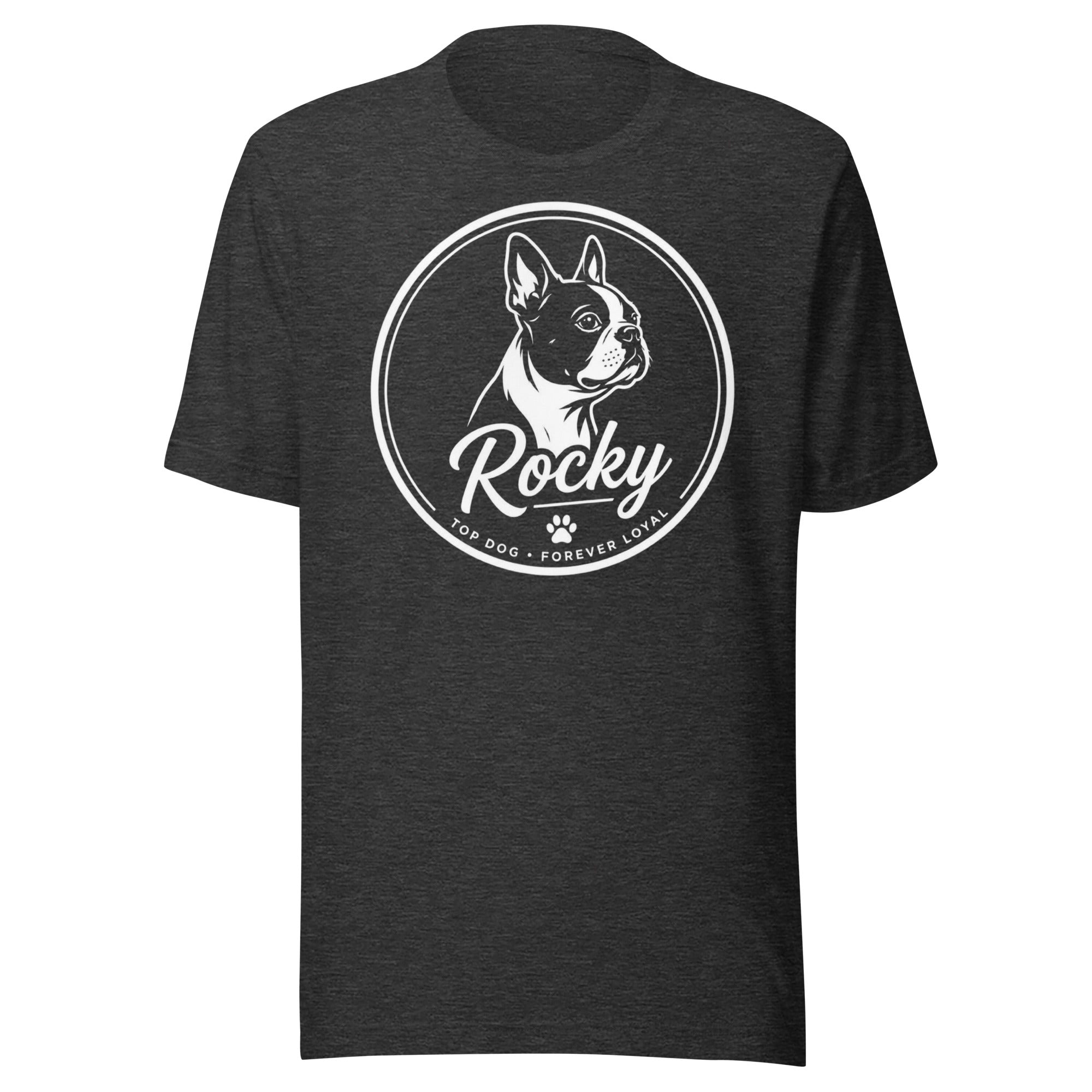 Personalized Dog Silhouette Unisex T-Shirt with Custom Name & Tagline . Dark Grey Heather