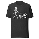 Skeleton Walking Border Collie Halloween Unisex T-Shirt . Dark Grey Heather