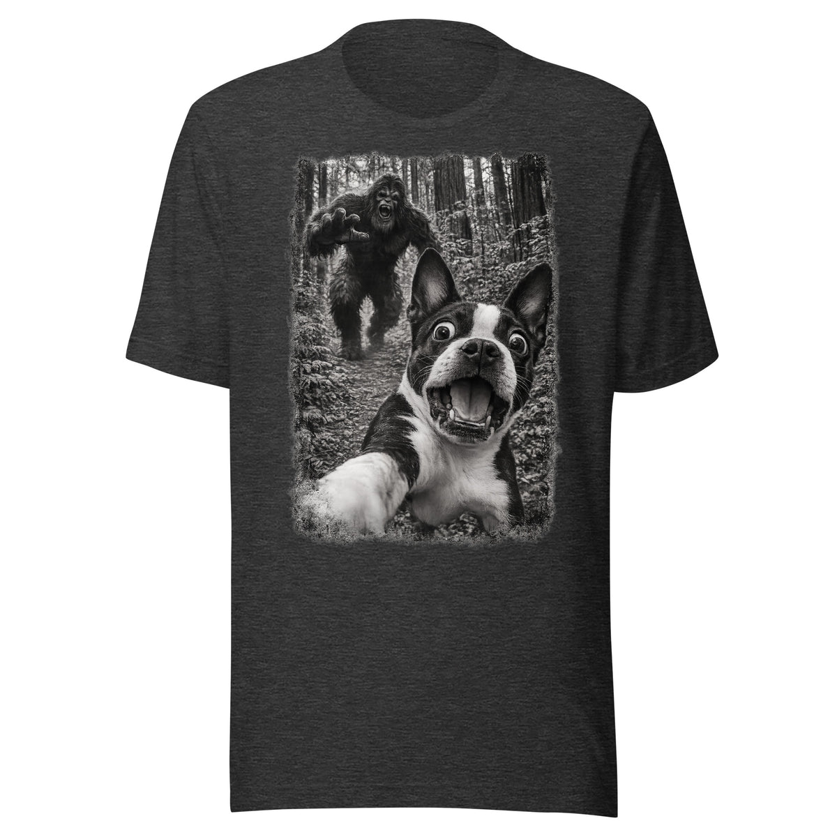Boston Terrier Bigfoot Chase – Funny Sasquatch Dog Graphic Unisex T-Shirt . Dark Grey Heather