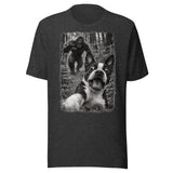 Boston Terrier Bigfoot Chase – Funny Sasquatch Dog Graphic Unisex T-Shirt . Dark Grey Heather