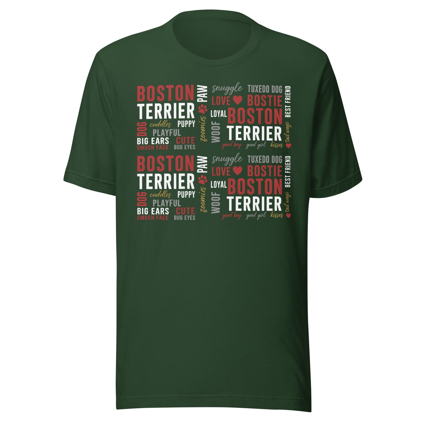 Boston Terrier Word Collage Unisex T-Shirt – Dog Lover Typography Art . Forest
